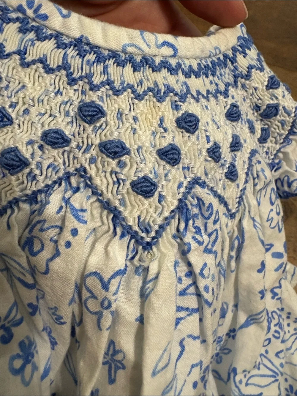 Le’ Za Me Blue & White Floral Smocked Bubble One-Piece 9M